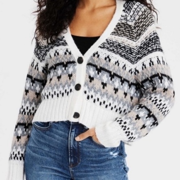 American Eagle Cropped Fair Isle Cardigan Sweater Women Size Small Casual Soft - Picture 1 of 10